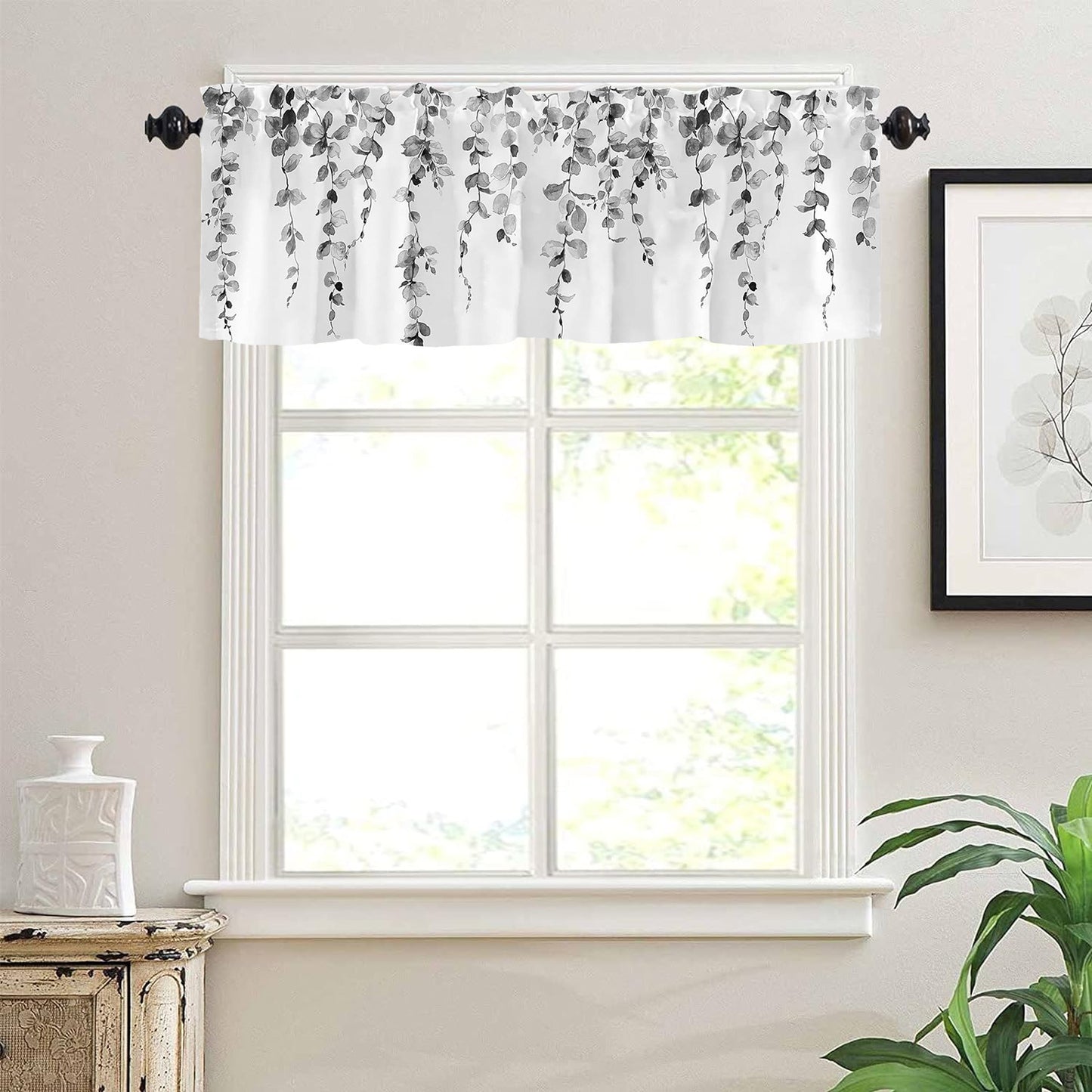 Alishomtll Valance Curtains for Living Room Bedroom Kitchen Windows Grey Watercolor Leaves Print ,52 x 18 inch,Rod Pocket