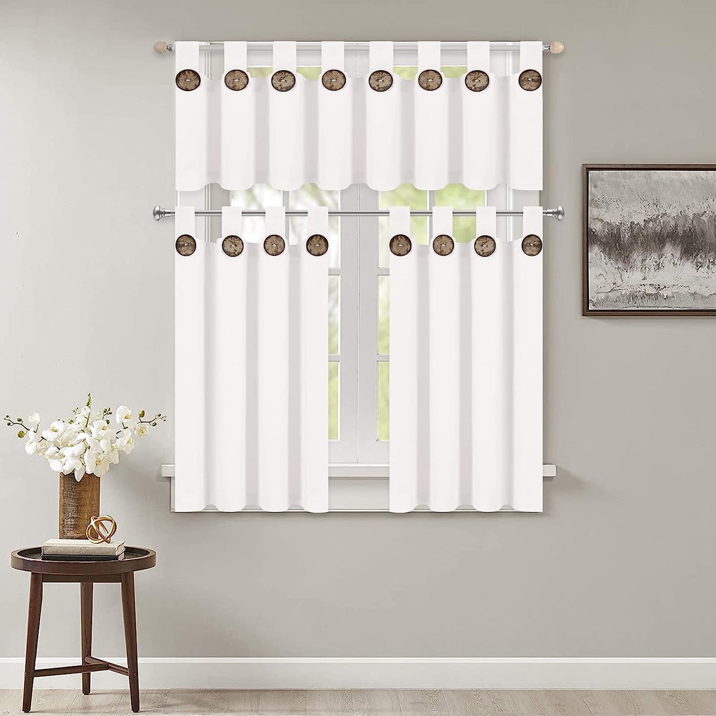 Alishomtll Farmhouse Kitchen Curtains Tab Top Button Cafe Curtains Tier Set ,White ,2 Panels