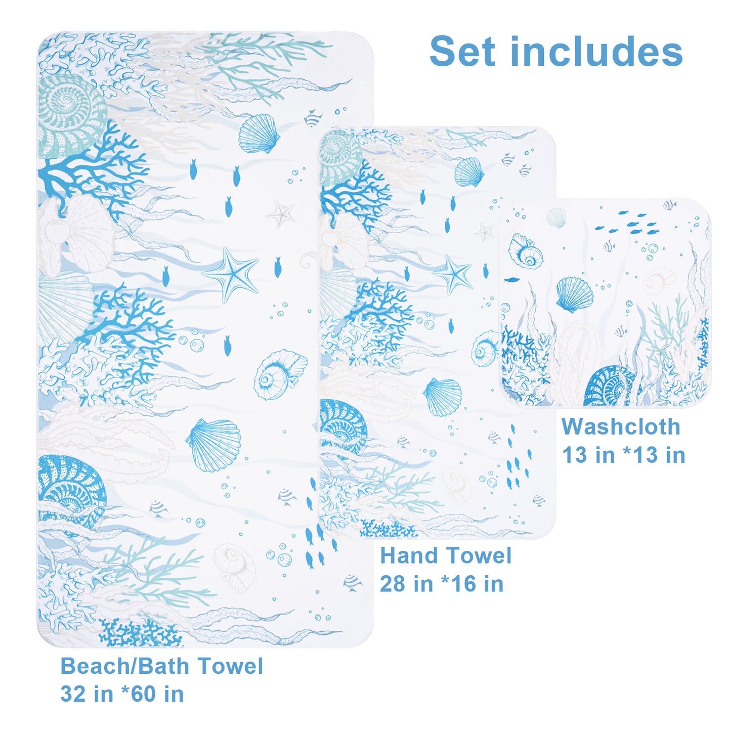 Alishomtll Ocean Bath Towels Set ,Blue White Nautical Coral Starfish Seashell Towels Include Bath Towel, Hand Towel And Kitchen Dish Towel