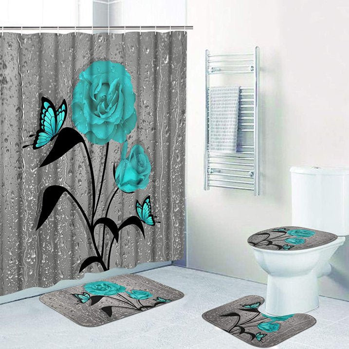 FRAMICS Teal Rose Shower Curtain and Rug Sets, 16 Pc Flowers Bathroom Decor Sets, Gray Waterproof Fabric Shower Curtain with 12 Hooks and Toilet Rugs