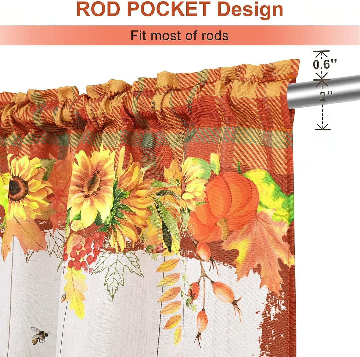 Alishomtll Fall Thanksgiving Kitchen Curtains Sunflower Pumpkins Print Tier Curtains Sets,Rod Pocket ,30"Wx36"L