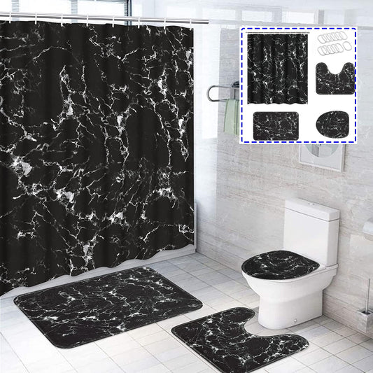 FRAMICS Black White Marble Shower Curtain and Rug Sets, 16 Pc Abstract Modern Bathroom Sets, Waterproof Fabric Shower Curtain with 12 Hooks and Toilet Rugs