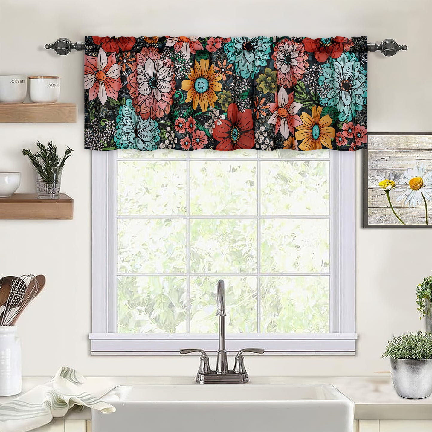 Alishomtll Valance Curtain for Kitchen 18 inch Boho Floral Print Farmhouse Valance Small Curtain,Rod Pocket,1 Panel