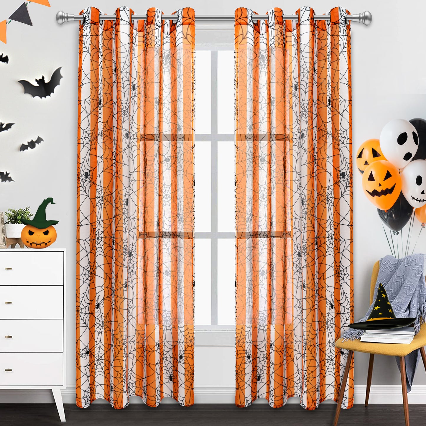 Alishomtll Halloween Curtains Spider Web Semi Sheer Drapes for Halloween Window Decorations, Party, 52 x 84Inch,Set of 2