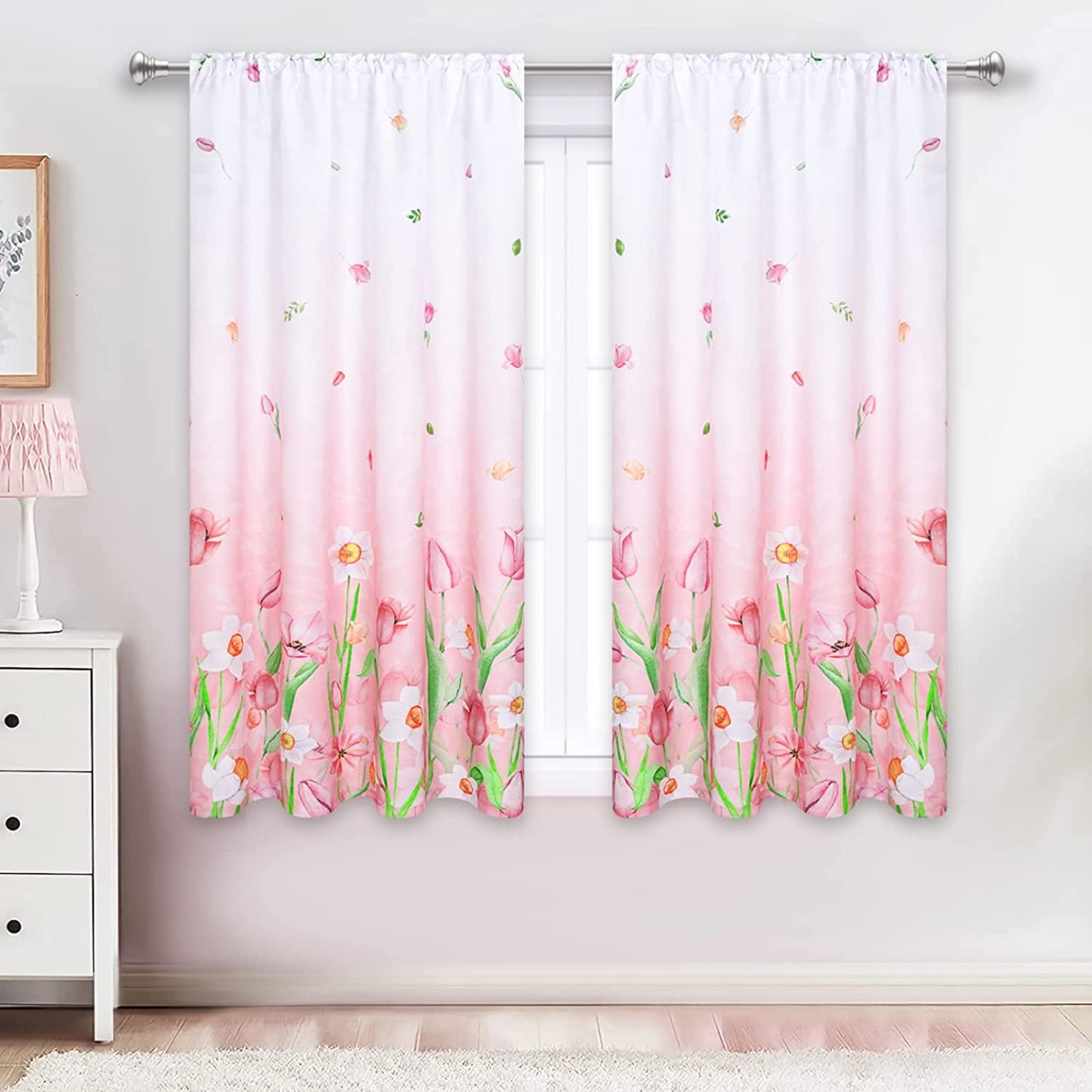 Alishomtll Pink Curtains Rod Pocket Light Filtering Floral Print Ombre Drapes for Living Room Bedroom,2 Panels