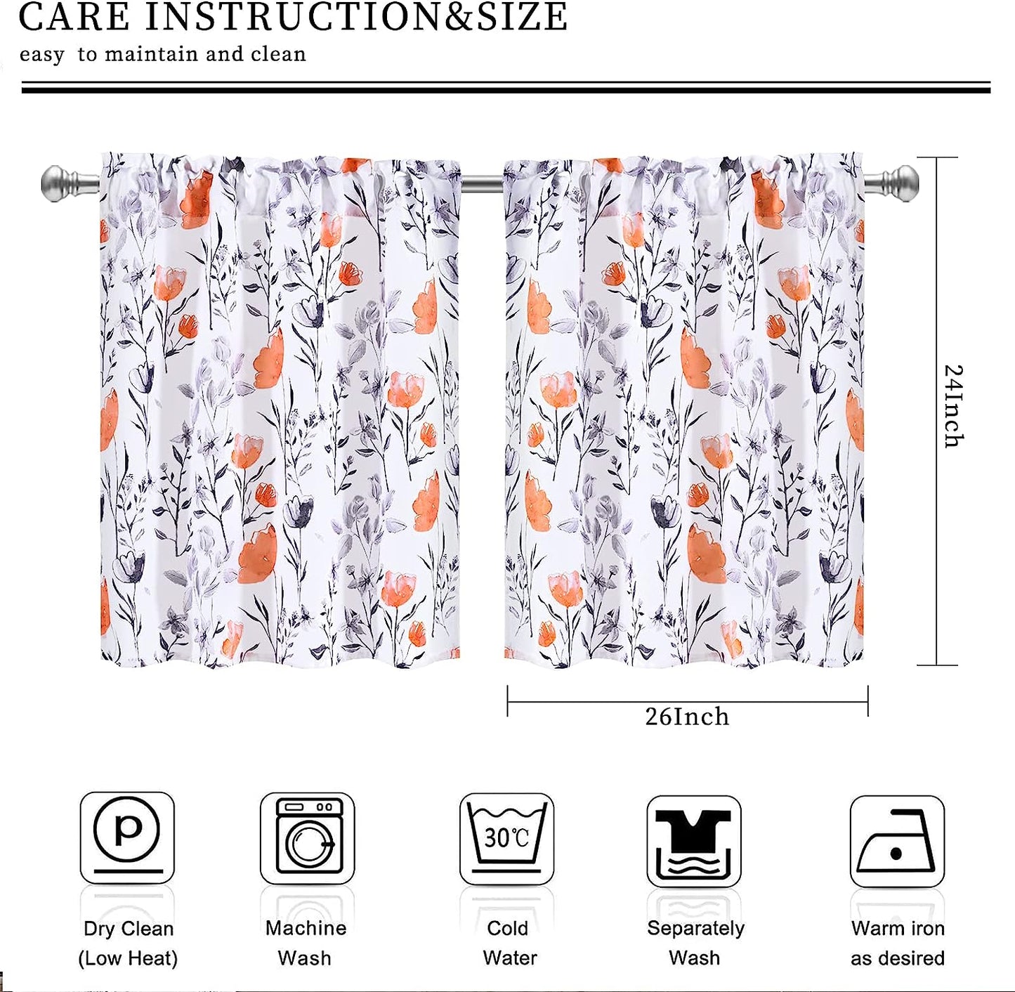 Alishomtll Kitchen Curtains Orange Floral Watercolor Print Tier Curtains Light Filtering Rod Pocket Small Window Curtain Sets,26"Wx24"L,2 Panels