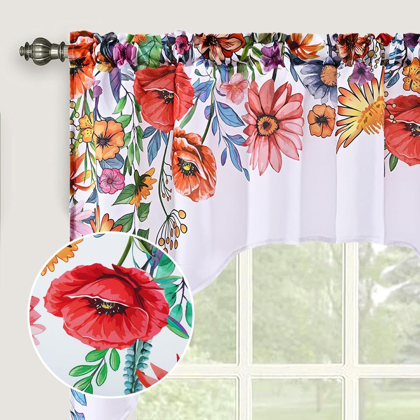 Alishomtll Kitchen Curtains Valances Swags for Windows Blossom Floral Printed Window Drapes,61" W x 36" L,Rod Pocket,White