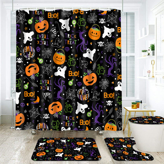 FRAMICS Halloween Shower Curtain Sets with Rugs, 16 Pc Pumpkin Spooky Ghost Bathroom Sets, Black Waterproof Fabric Shower Curtain with 12 Hooks and Toilet Rugs