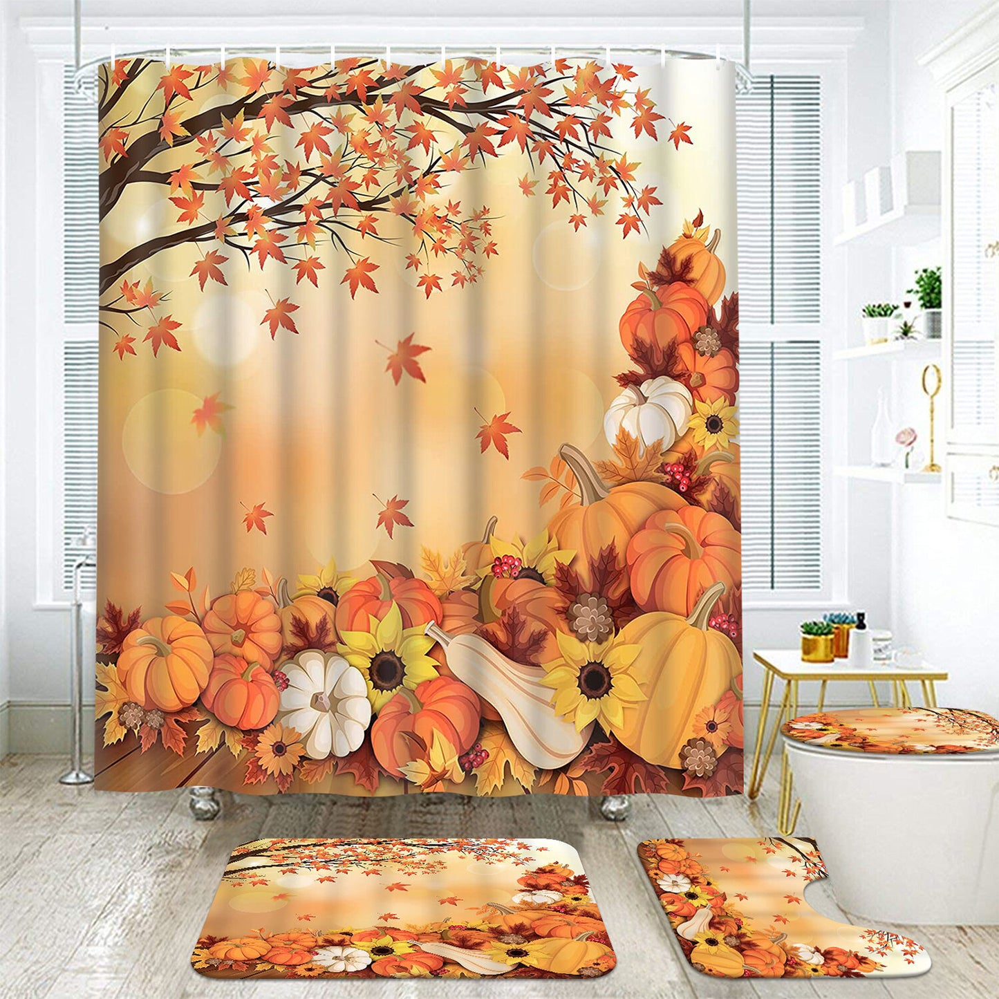 FRAMICS Thanksgiving Shower Curtain Set with Rugs, Orange Maple Leaf Pumpkin Pattern Bathroom Decor Set, Autumn Waterproof Fabric Shower Curtain with 12 Hooks and Toilet Rugs