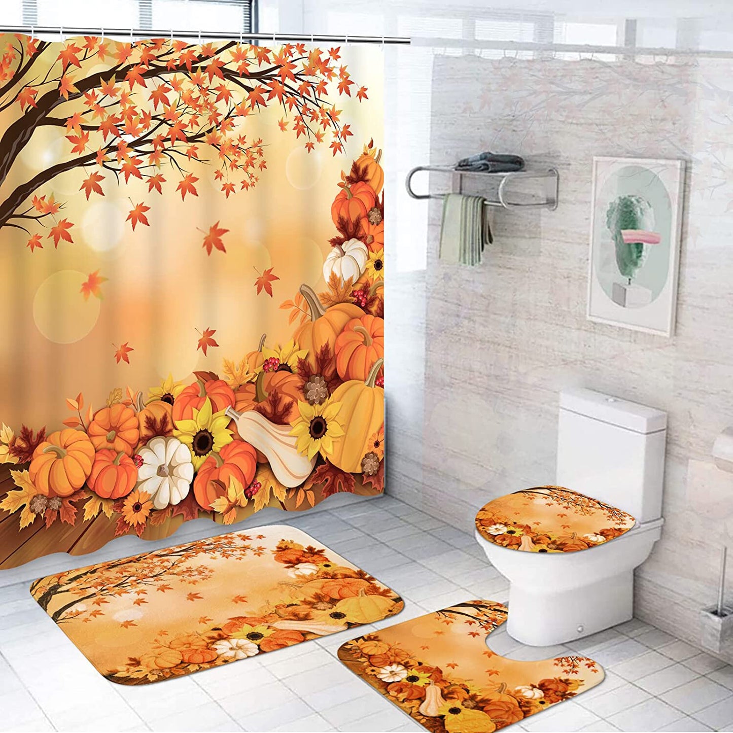 FRAMICS Thanksgiving Shower Curtain Set with Rugs, Orange Maple Leaf Pumpkin Pattern Bathroom Decor Set, Autumn Waterproof Fabric Shower Curtain with 12 Hooks and Toilet Rugs