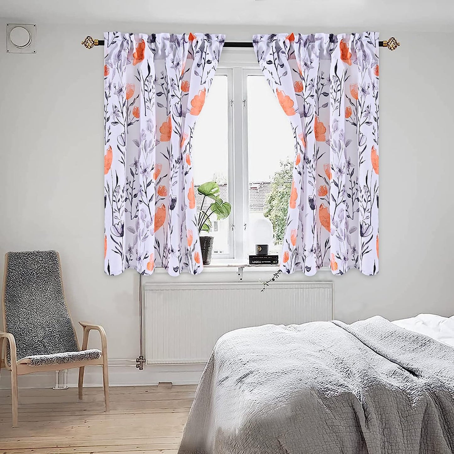 Alishomtll Kitchen Curtains Orange Floral Watercolor Print Tier Curtains Light Filtering Rod Pocket Small Window Curtain Sets,26"Wx24"L,2 Panels