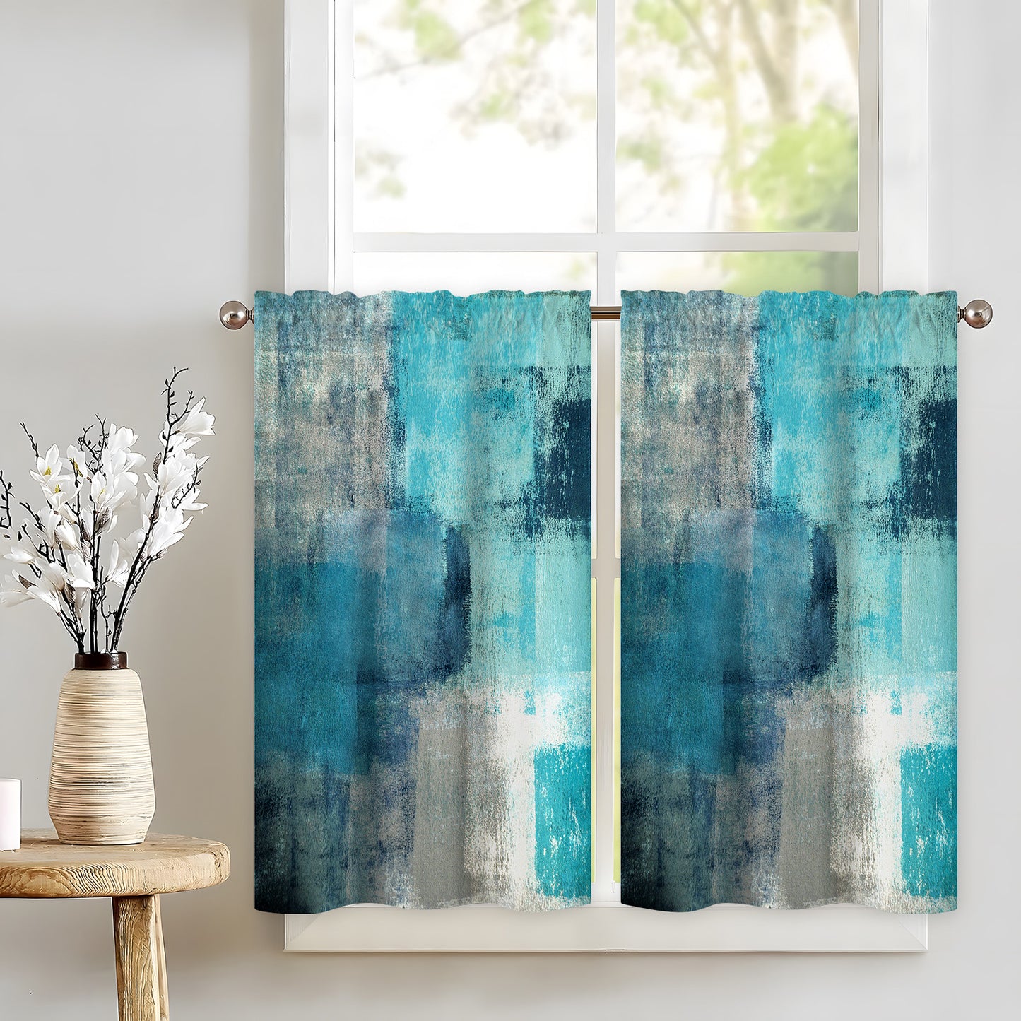 Alishomtll 3-Piece Kitchen Curtain Tier and Valance Set Abstract Turquoise Print Window Drapes ,Rod Pocket