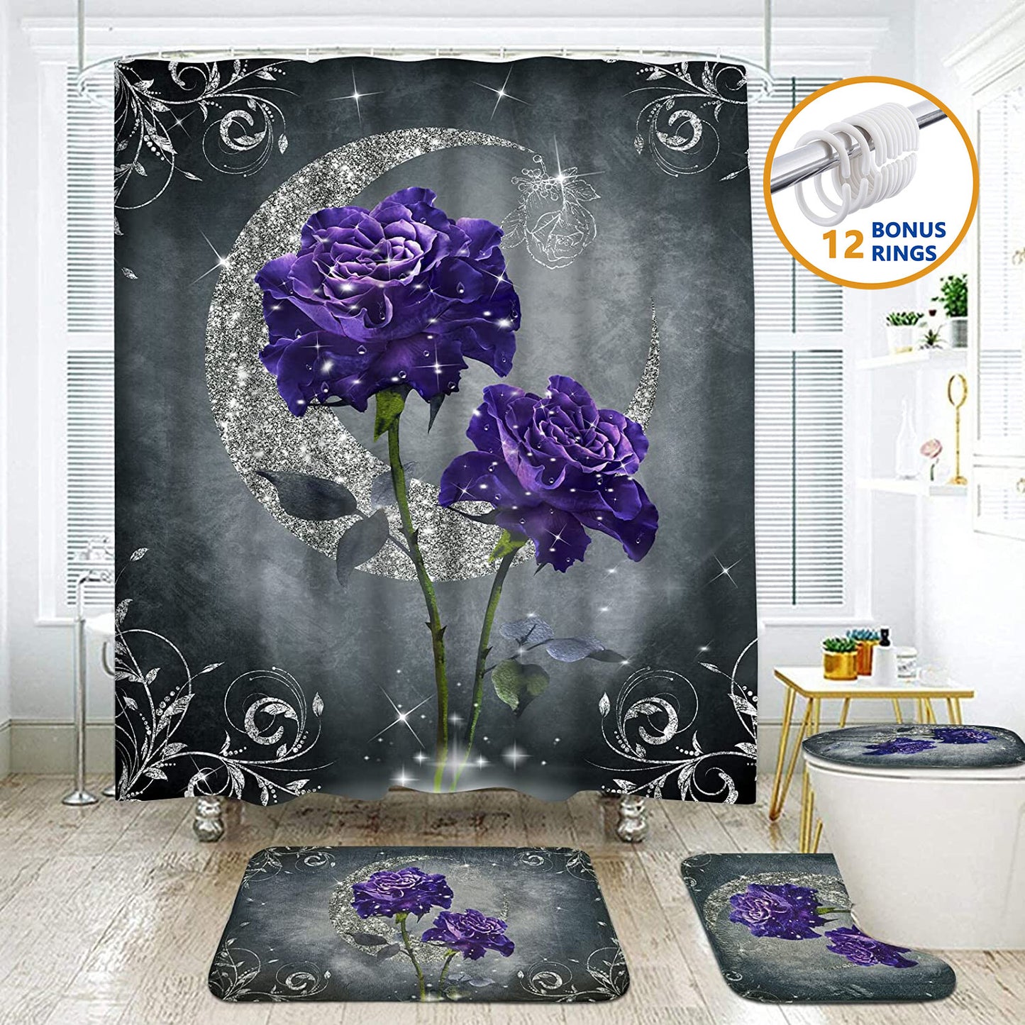 FRAMICS Purple Rose Shower Curtain and Rug Sets, 16 Pc Sliver Moon Floral Bathroom Sets, Waterproof Fabric Shower Curtain with 12 Hooks and Toilet Rugs