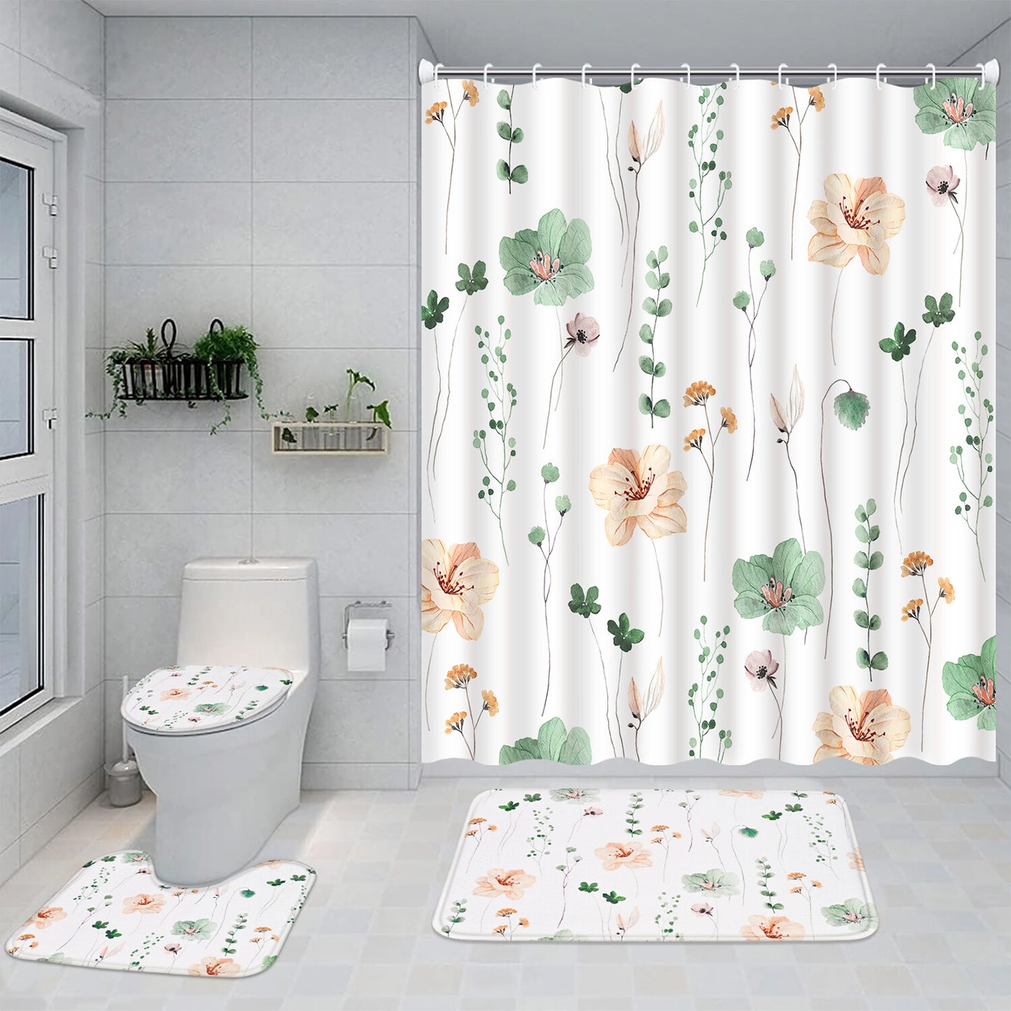 FRAMICS Watercolor Floral Shower Curtain Sets with Rugs, 16 Pc Sage Green Flower Bathroom Sets, Modern Minimalist White Waterproof Fabric Bathroom Curtain Decor with Hooks