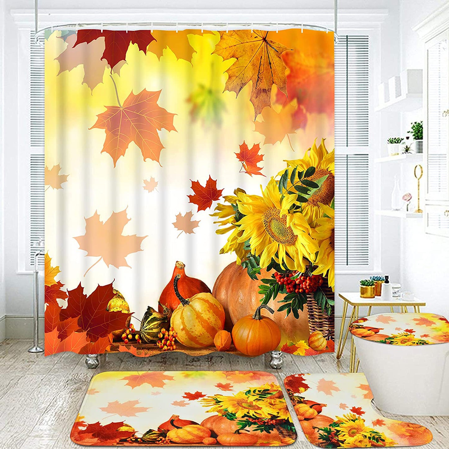 FRAMICS Thanksgiving Shower Curtain Set with Rugs, Orange Maple Leaf Pumpkin Pattern Bathroom Decor Set, Autumn Waterproof Fabric Shower Curtain with 12 Hooks and Toilet Rugs