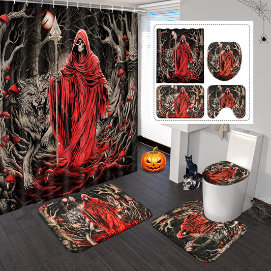 FRAMICS Halloween Death Shower Curtain Sets with Rugs, 16 Pc Goth Scary Skull Bathroom Sets, Red Waterproof Fabric Shower Curtain with 12 Hooks and Toilet Rugs