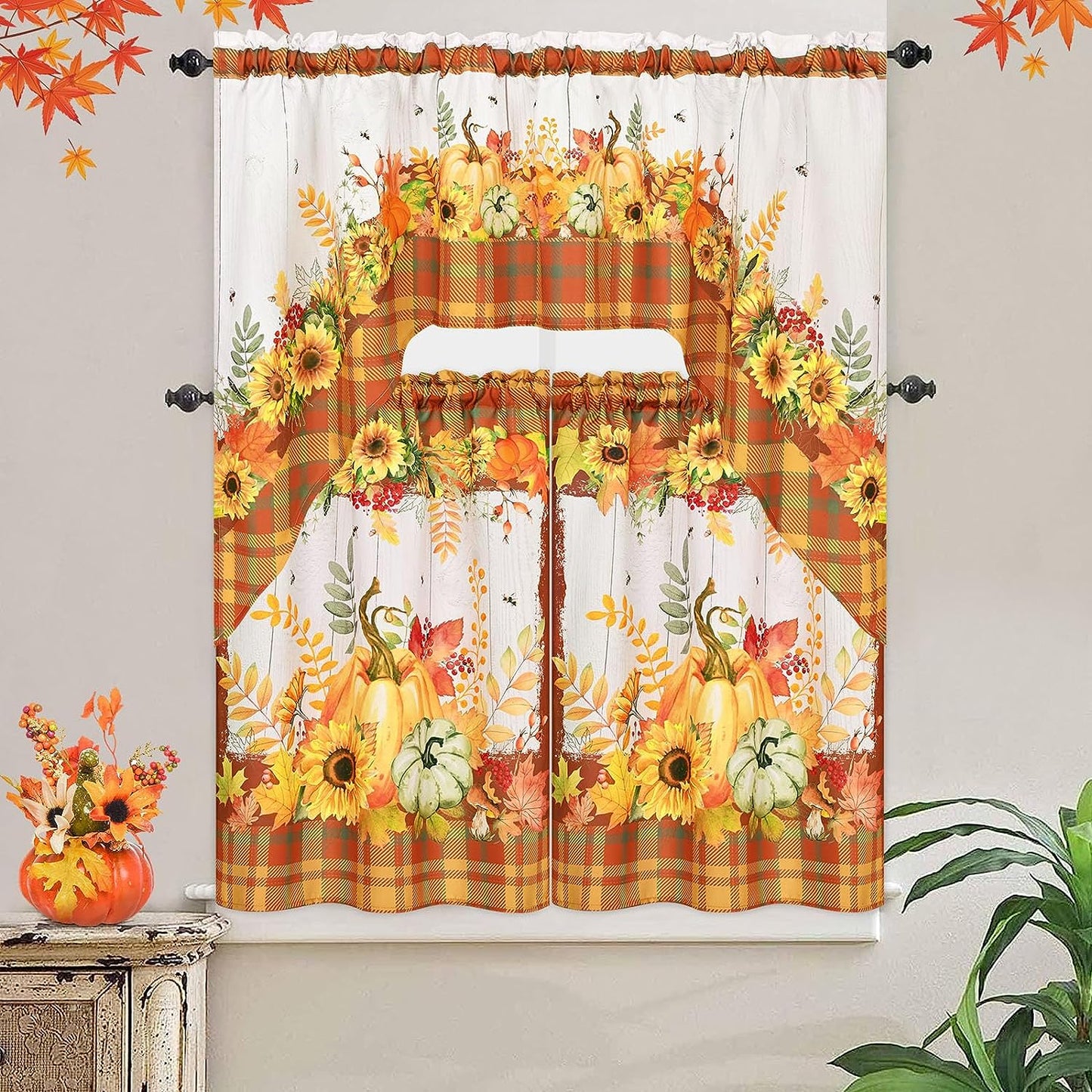 Alishomtll Fall Thanksgiving Kitchen Curtains Sunflower Pumpkins Print Tier Curtains Sets,Rod Pocket ,30"Wx36"L