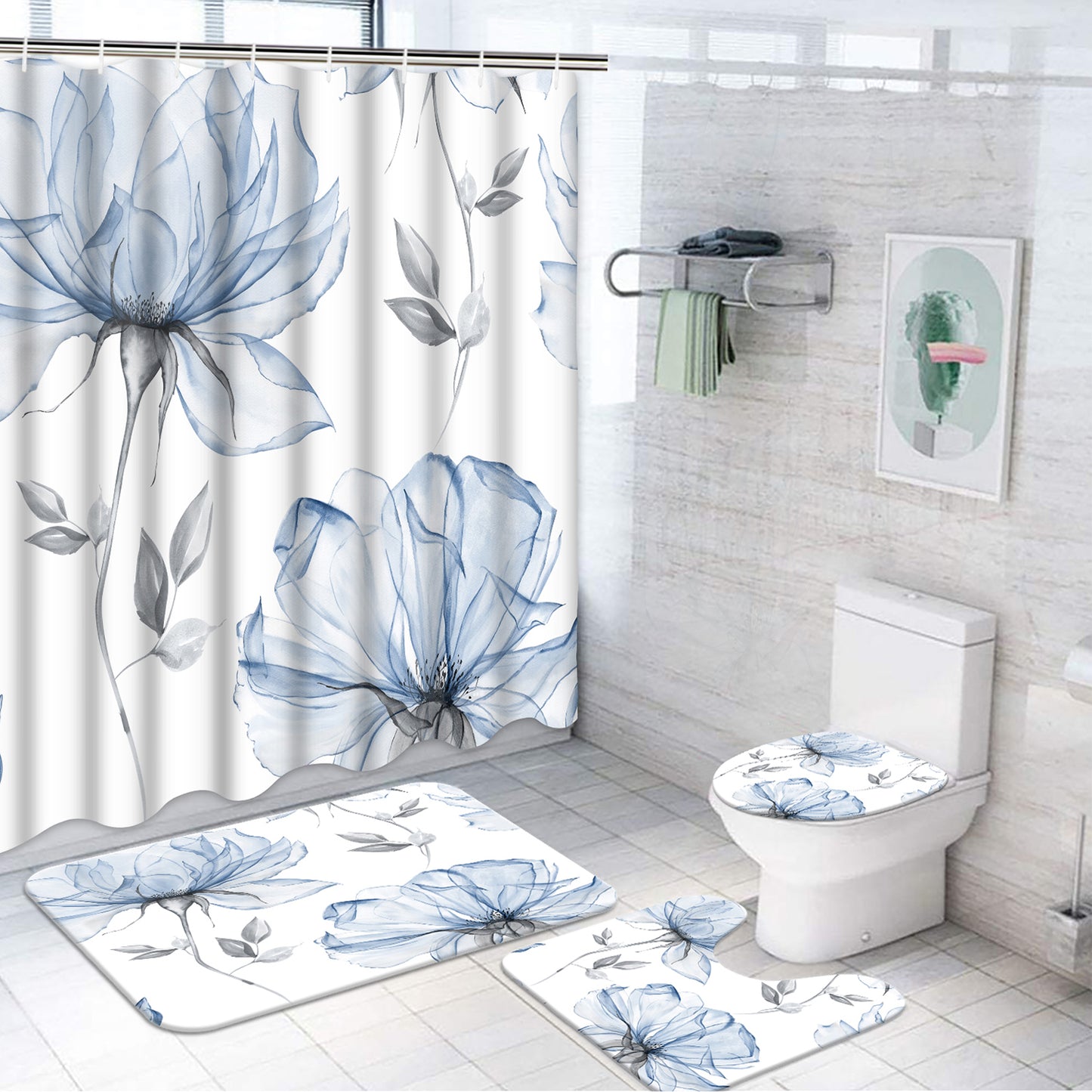 FRAMICS Watercolor Floral Shower Curtain Set with Rugs, 16 Pc Blue Grey Flower Bathroom Sets, Modern Minimalist White Waterproof Fabric Shower Curtain with 12 Hooks and Toilet Rugs