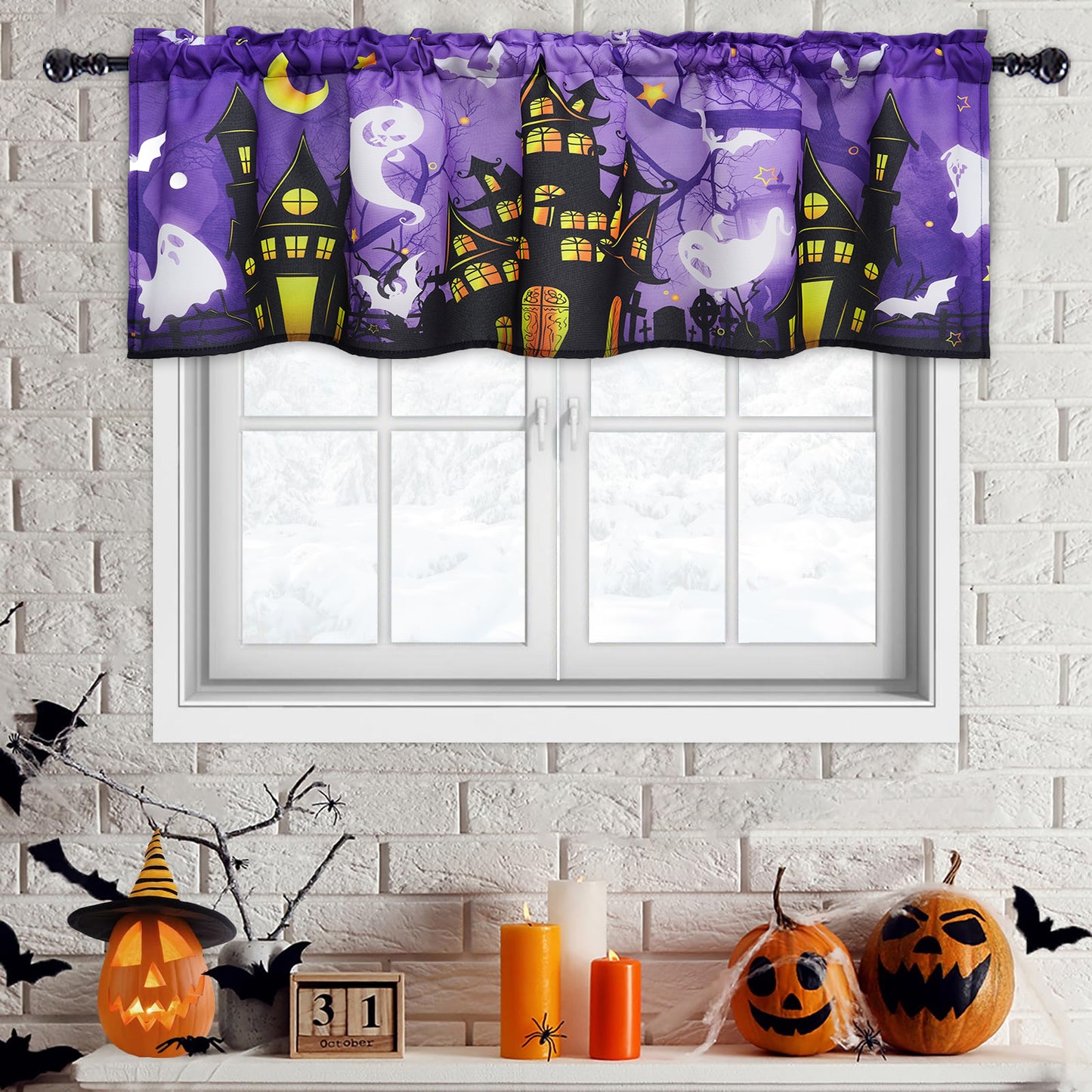 Alishomtll Halloween Valances Curtains Kitchen Castle Haunted House Windows Drapes ,52 X 18 Inch,Rod Pocket