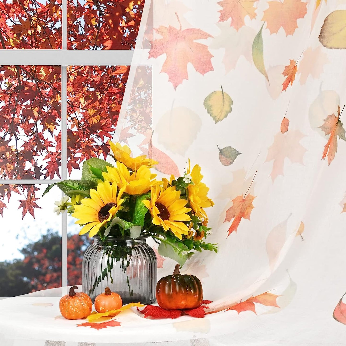 Alishomtll Thanksgiving Sheer Curtains 84 Inch Length Rod Pocket Autumn Falling Maple Leaves Semi Sheer Voile Window Treatment for Bedroom Dining Room