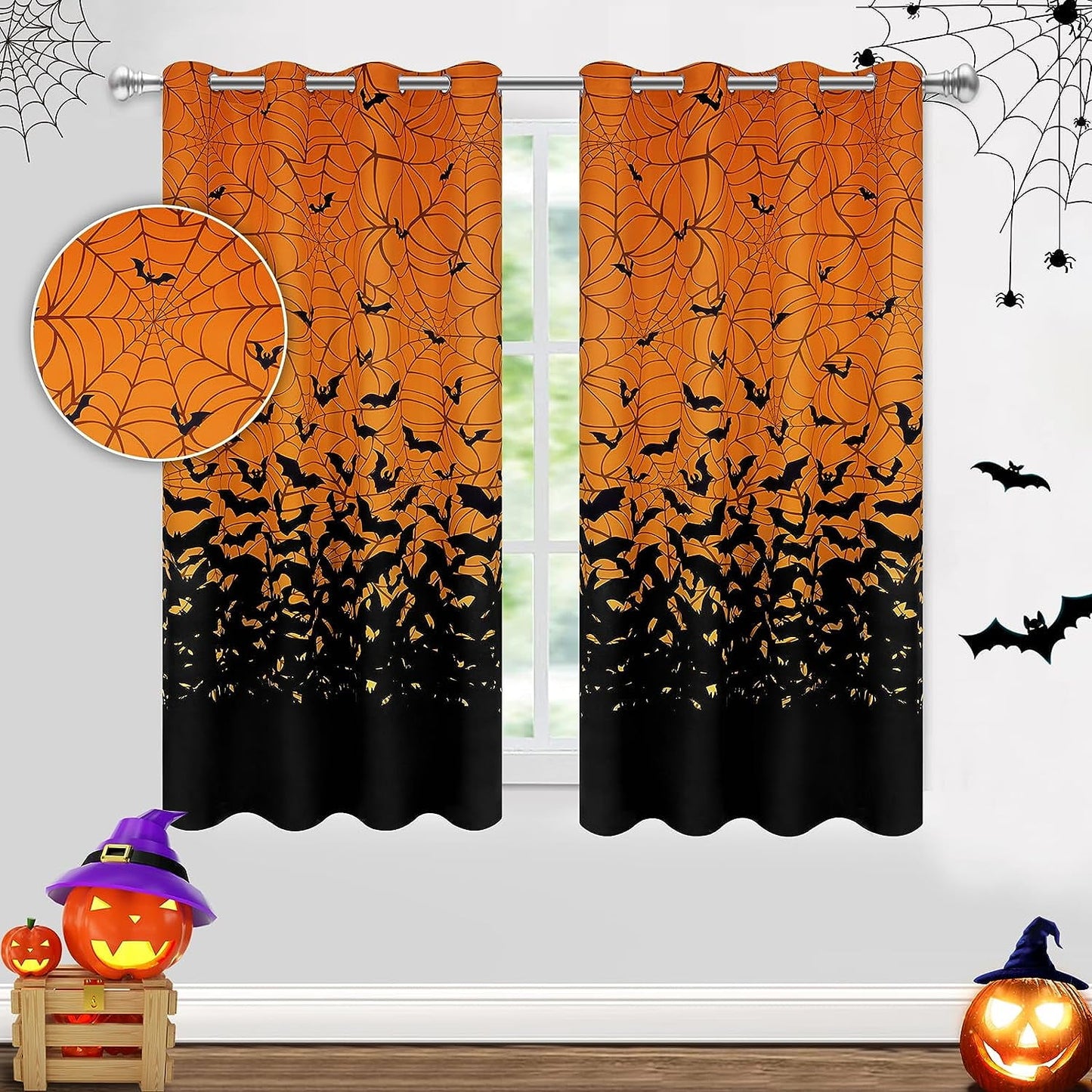 Alishomtll Halloween Curtains Room Darkening Bats Spider Web Printed Window Drapes for Bedroom ,2 Panels of 52" W x 63" L