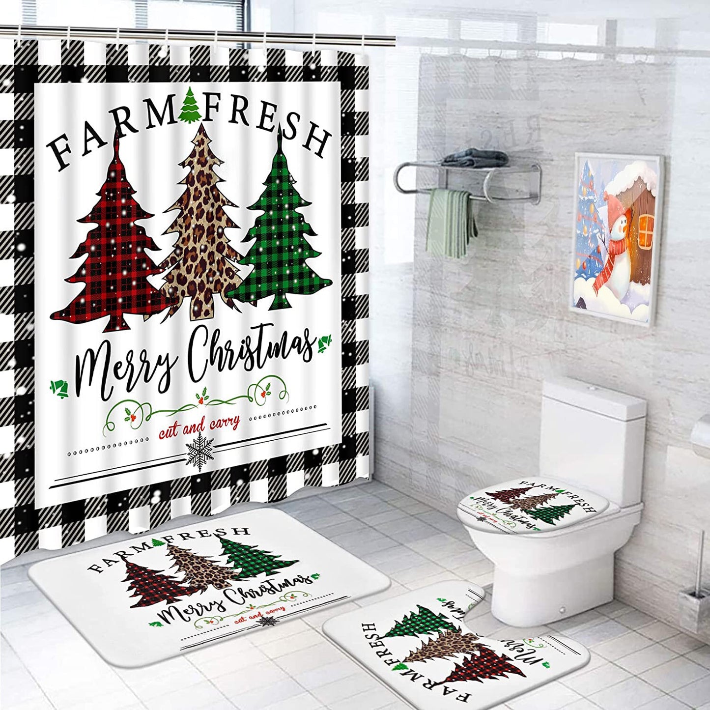 FRAMICS Merry Christmas Shower Curtains and Bath Rug Set, Buffalo Plaid Bathroom Decor Sets, Xmas Trees Waterproof Fabric Shower Curtain with 12 Hooks and Toilet Rugs