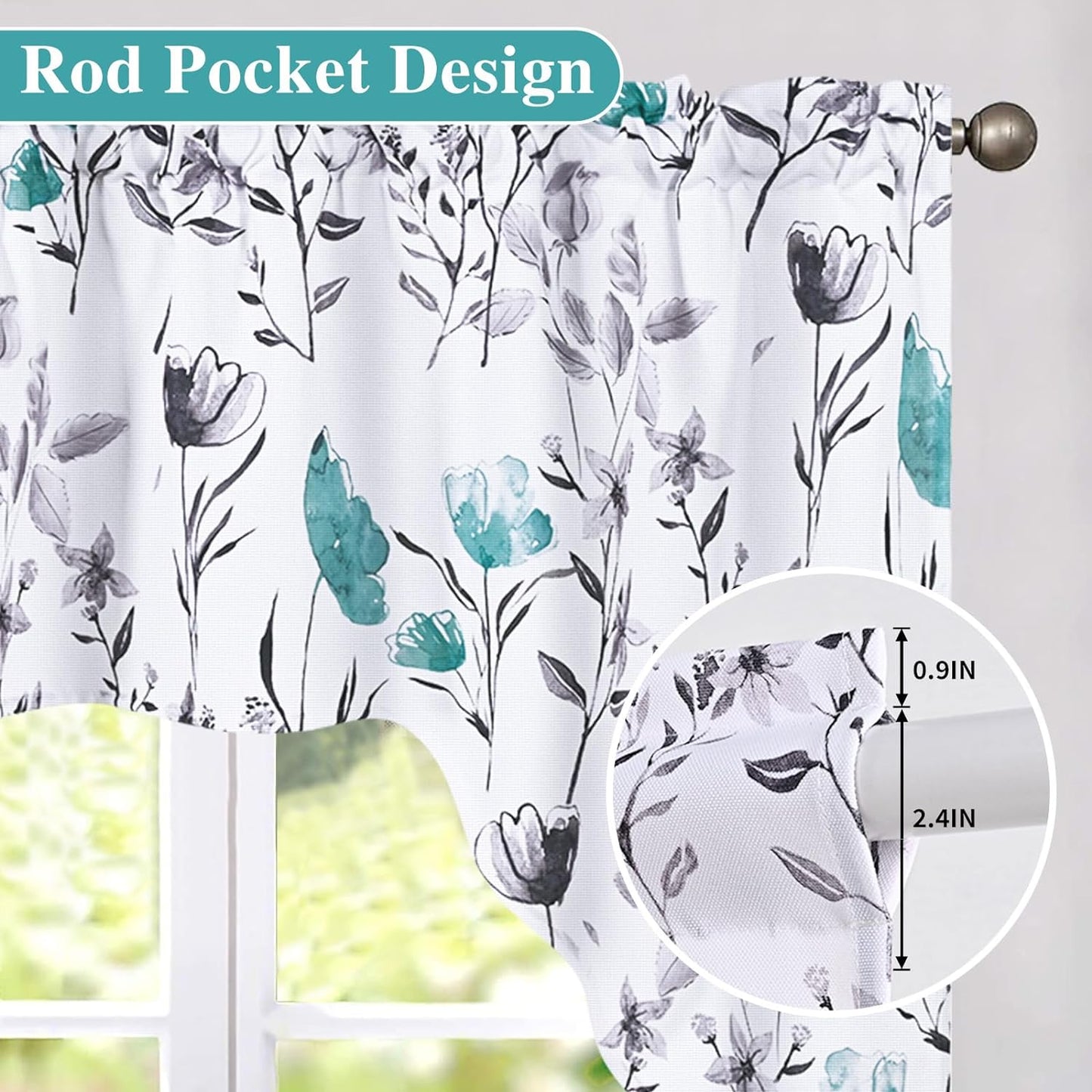 Alishomtll Kitchen Curtains Valances Swags for Windows Teal Floral Printed Window Drapes,61" W x 36" L,Rod Pocket