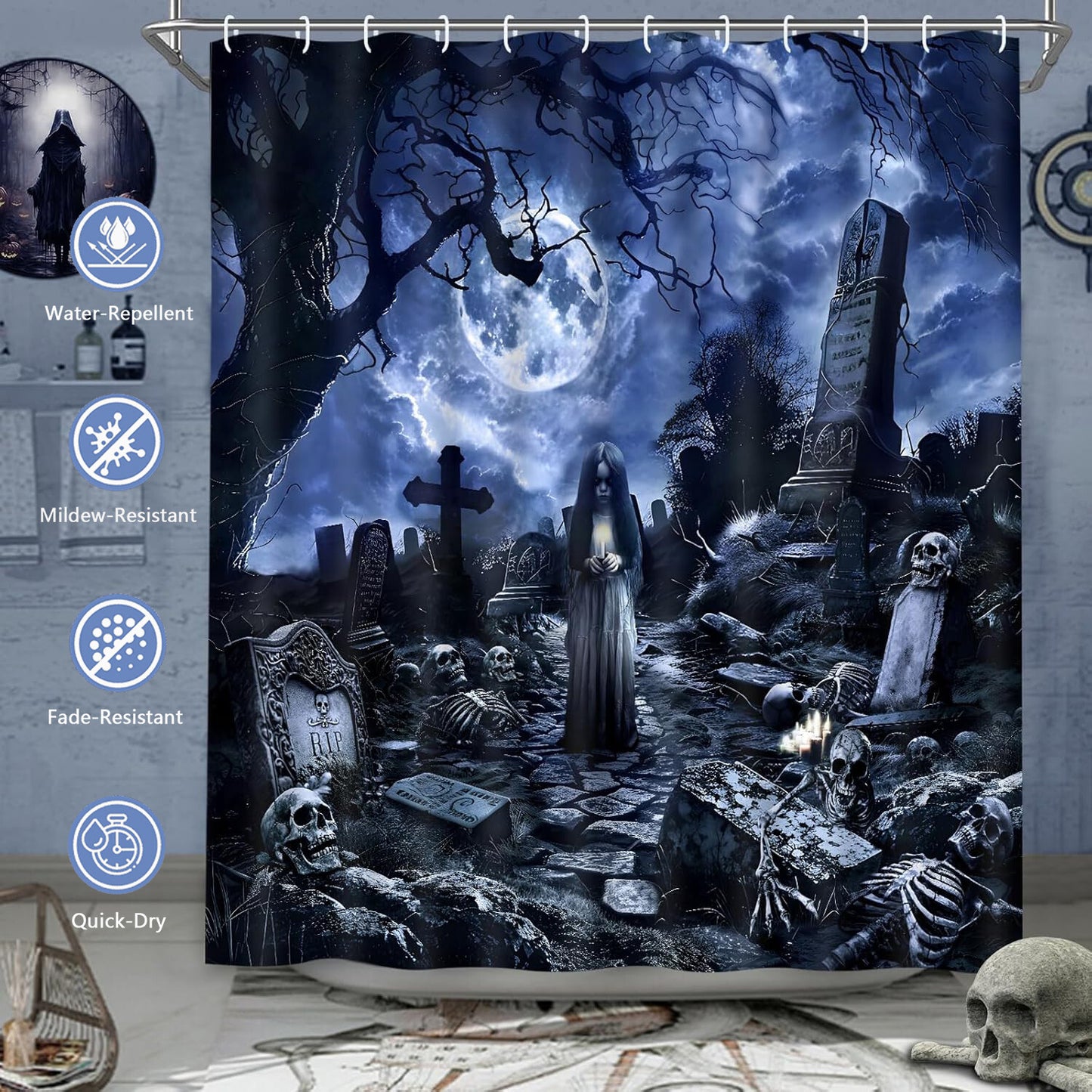 FRAMICS Halloween Shower Curtain Set with Rugs, 16 Pc Spooky Ghost Witch Bathroom Sets, Scary Graveyard Skeleton Waterproof Fabric Shower Curtain with 12 Hooks and Toilet Rugs