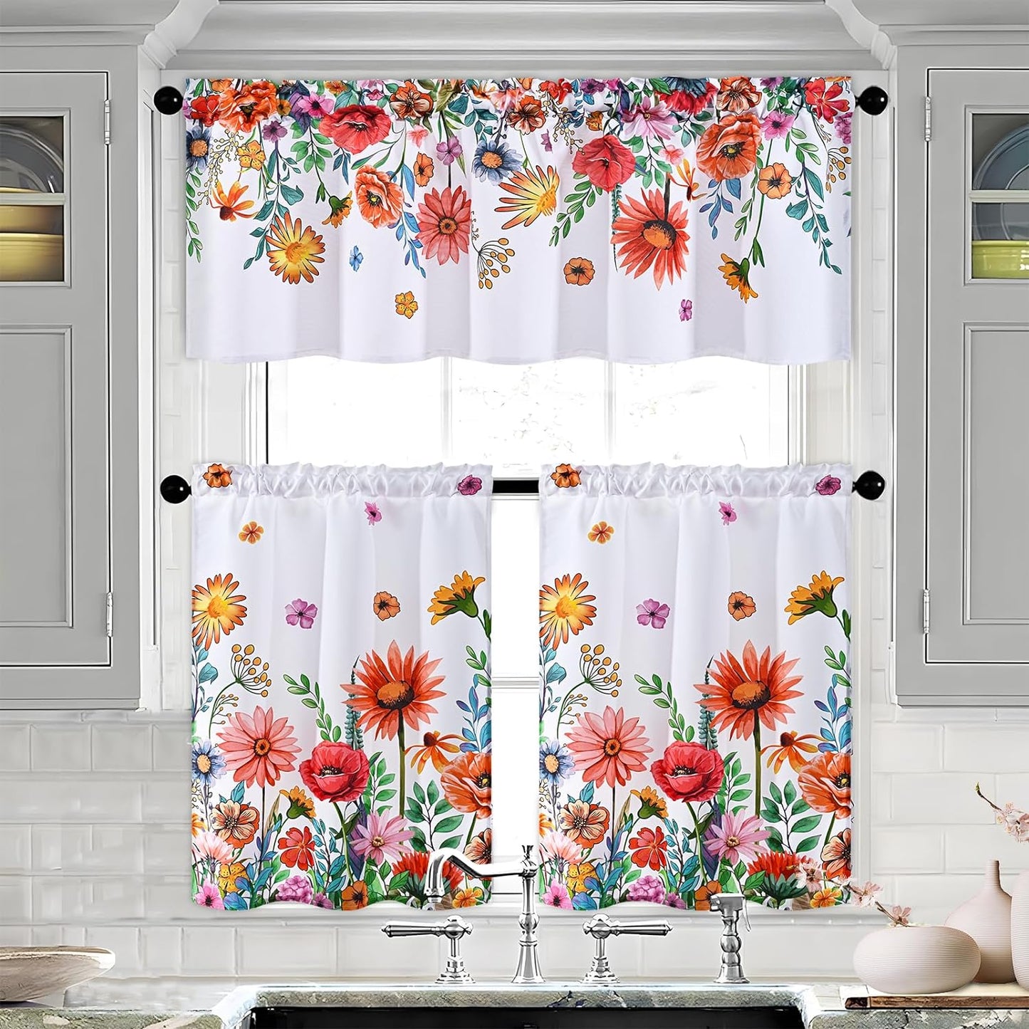 Alishomtll Kitchen Curtains Blossom Floral Print Window Curtain Tier Sets Rod Pocket, 26"Wx36"L,2 Panels,White