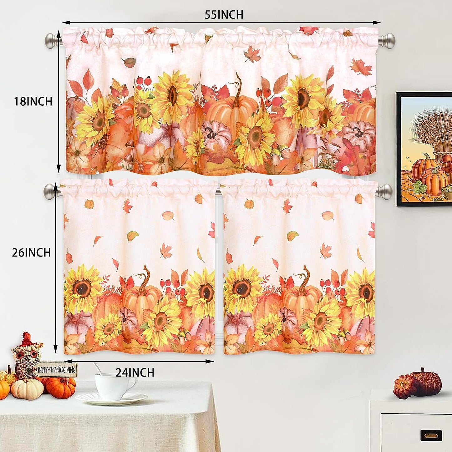 Alishomtll Thanksgiving Fall Autumn Kitchen Curtains Pumpkins Print Tier Curtains Rod Pocket Small Window Curtain Sets,26"Wx24"L,2 Panels