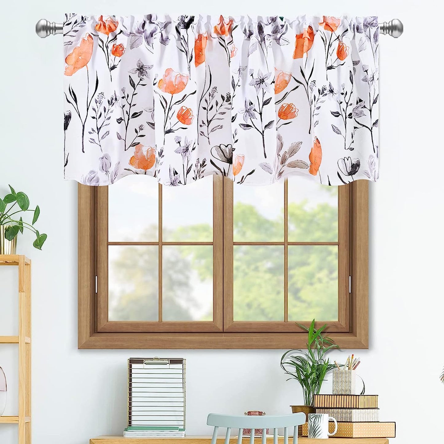 Alishomtll Flower Print Rod Pocket Kitchen Curtain Valance, Orange ,52W" x 18L", 1 Panel