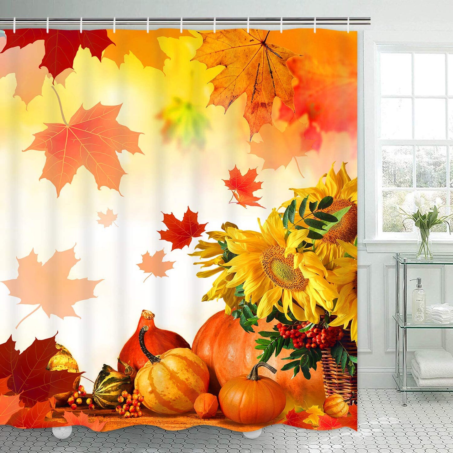 FRAMICS Thanksgiving Shower Curtain Set with Rugs, Orange Maple Leaf Pumpkin Pattern Bathroom Decor Set, Autumn Waterproof Fabric Shower Curtain with 12 Hooks and Toilet Rugs