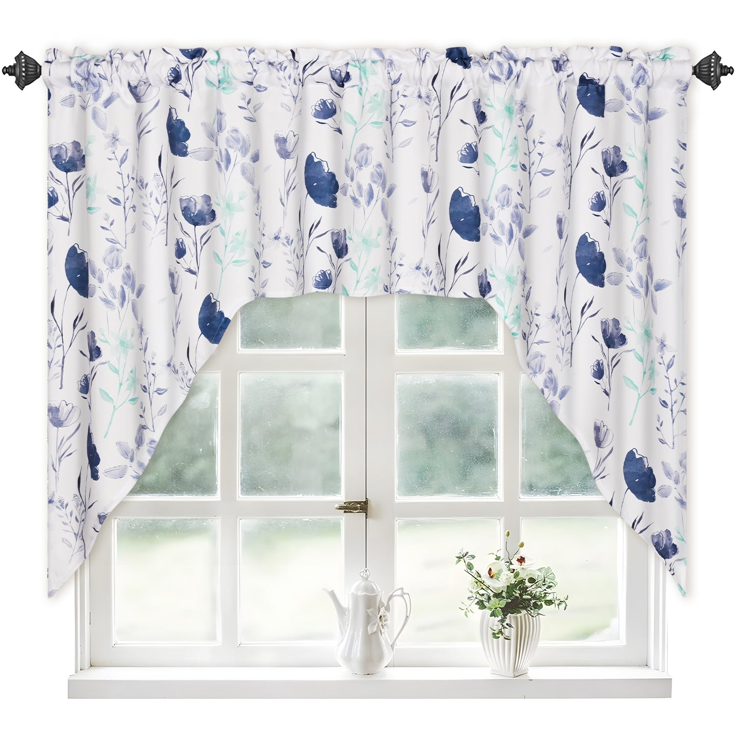 Alishomtll Kitchen Curtains Valances Swags for Windows Gray Blue Floral Printed Window Drapes,61" W x 36" L,Rod Pocket