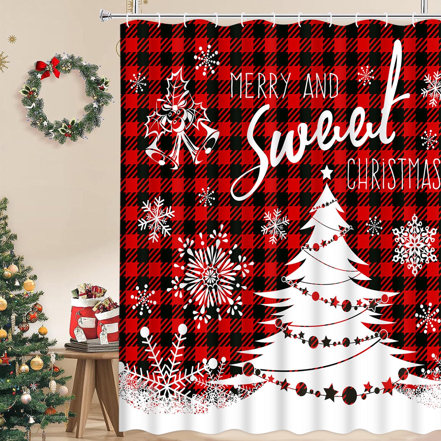 FRAMICS Merry Christmas Shower Curtain Sets with Rugs, Red Buffalo Plaid Bathroom Decor Sets, Xmas Tree Waterproof Fabric Shower Curtain with 12 Hooks and Toilet Rugs