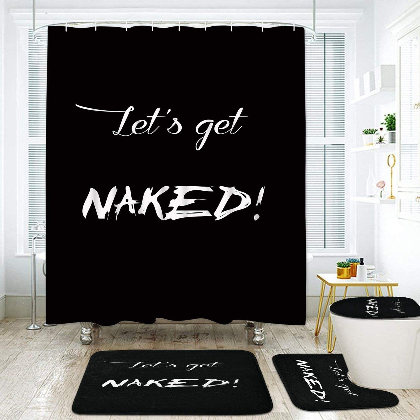 FRAMICS Get Naked Alphabet Shower Curtain and Rug Sets, 16 Pc Black White Bathroom Sets, Waterproof Fabric Shower Curtain with 12 Hooks and Toilet Rugs