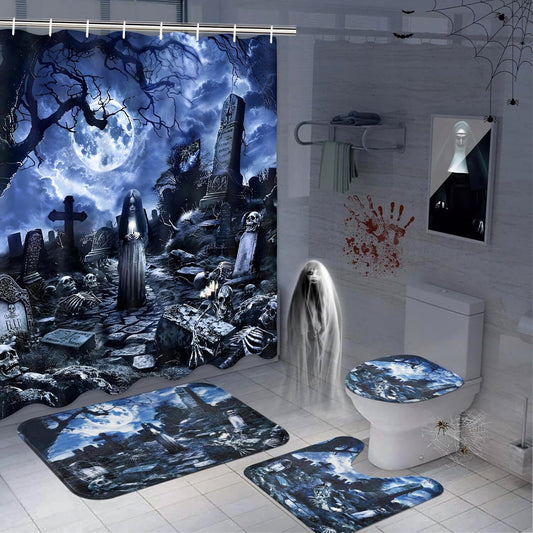 FRAMICS Halloween Shower Curtain Set with Rugs, 16 Pc Spooky Ghost Witch Bathroom Sets, Scary Graveyard Skeleton Waterproof Fabric Shower Curtain with 12 Hooks and Toilet Rugs