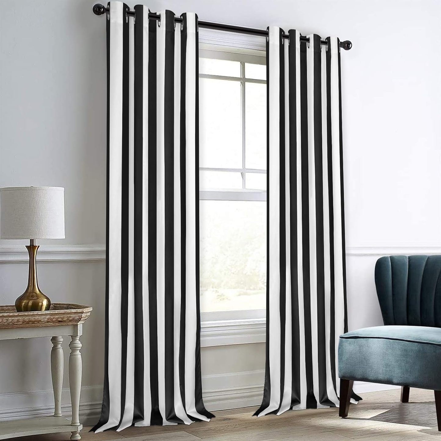 Alishomtll Curtains Satin Light Filtering Grommet Window Drapes For Bedroom Living Room,52”X 84”L,2 Panels,Black White Striped