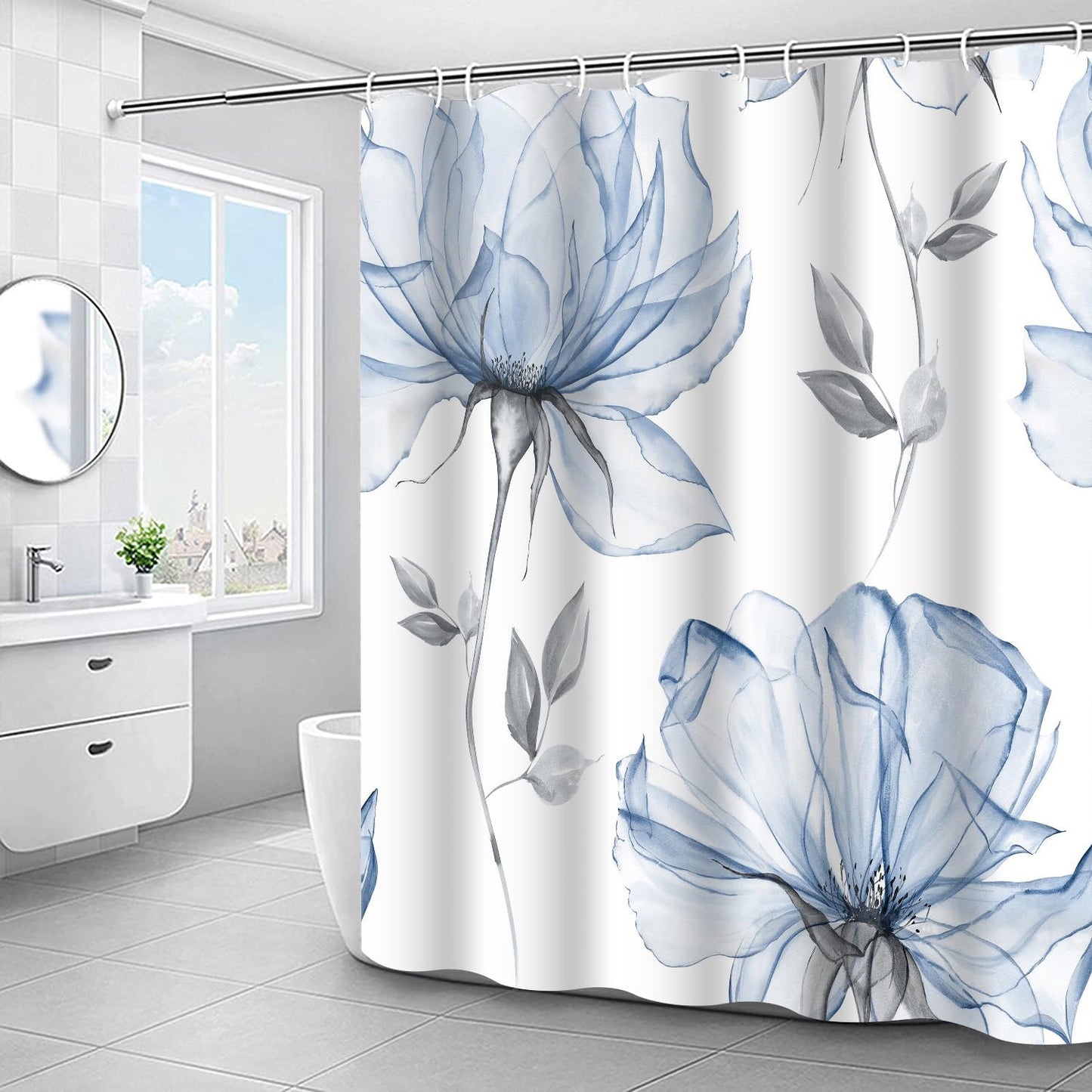 FRAMICS Watercolor Floral Shower Curtain Set with Rugs, 16 Pc Blue Grey Flower Bathroom Sets, Modern Minimalist White Waterproof Fabric Shower Curtain with 12 Hooks and Toilet Rugs