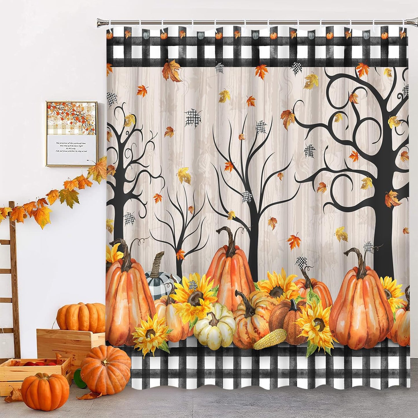 FRAMICS Fall Shower Curtain Set with Rugs, Thanksgiving Pumpkin Bathroom Sets, Black White Buffalo Check Waterproof Fabric Shower Curtain with 12 Hooks and Toilet Rugs