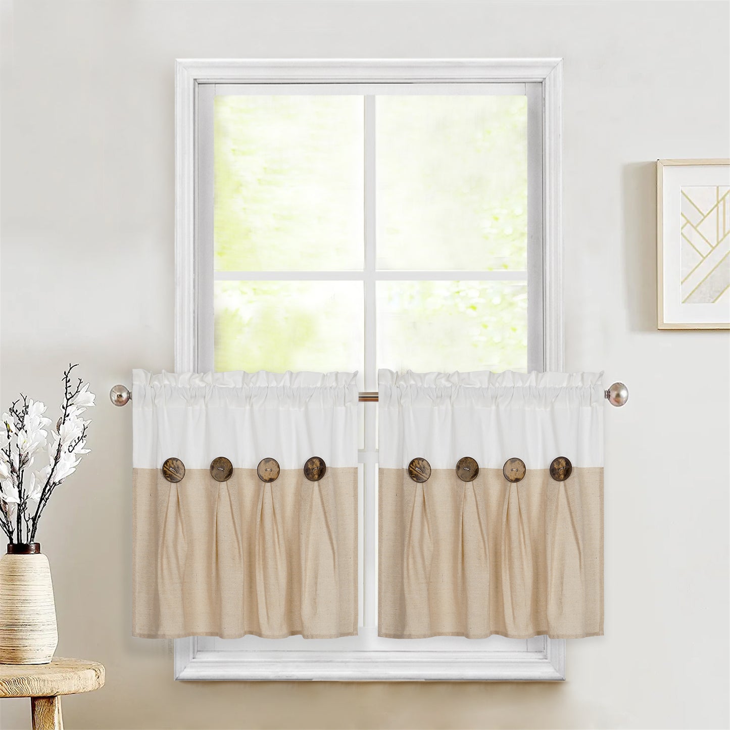 Alishomtll Linen Kitchen Curtains Farmhouse Boho Button Light Filtering Window Drapes,Rod Pocket, 2 Panel,Linen White