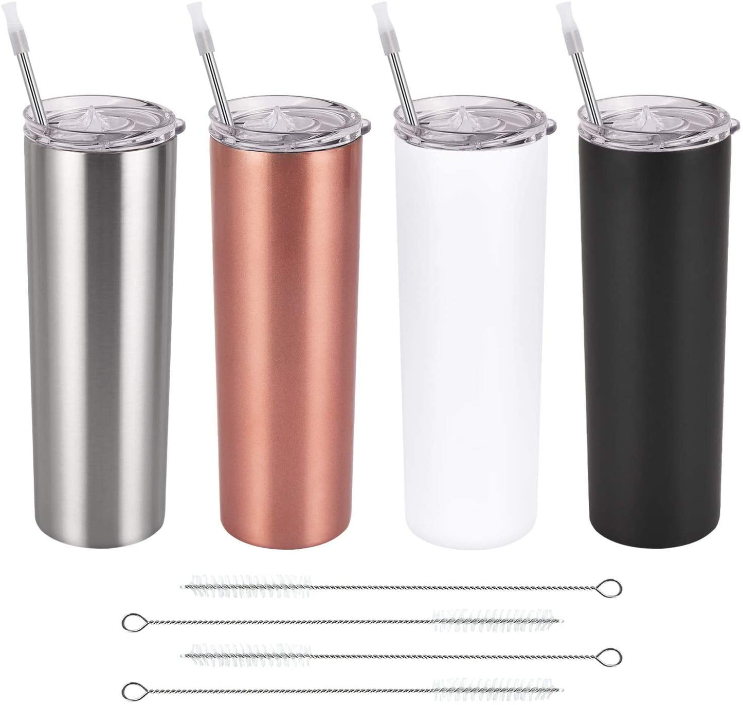 Gingprous 4 Pack Stainless Steel Skinny Tumbler Set with Closed Lid Straw , Double Wall Travel Tumblers , 20 oz Vacuum Insulated Water Tumbler Cup, Slim Vacuum Travel Mug , Multicolor