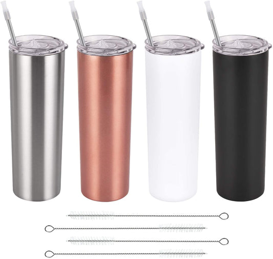 Gingprous 4 Pack Stainless Steel Skinny Tumbler Set with Closed Lid Straw , Double Wall Travel Tumblers , 20 oz Vacuum Insulated Water Tumbler Cup, Slim Vacuum Travel Mug , Multicolor