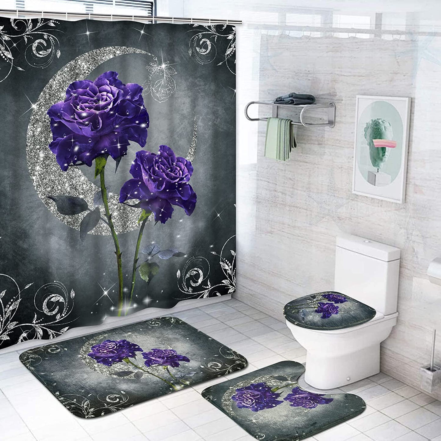 FRAMICS Purple Rose Shower Curtain and Rug Sets, 16 Pc Sliver Moon Floral Bathroom Sets, Waterproof Fabric Shower Curtain with 12 Hooks and Toilet Rugs