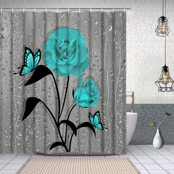 FRAMICS Teal Rose Shower Curtain and Rug Sets, 16 Pc Flowers Bathroom Decor Sets, Gray Waterproof Fabric Shower Curtain with 12 Hooks and Toilet Rugs