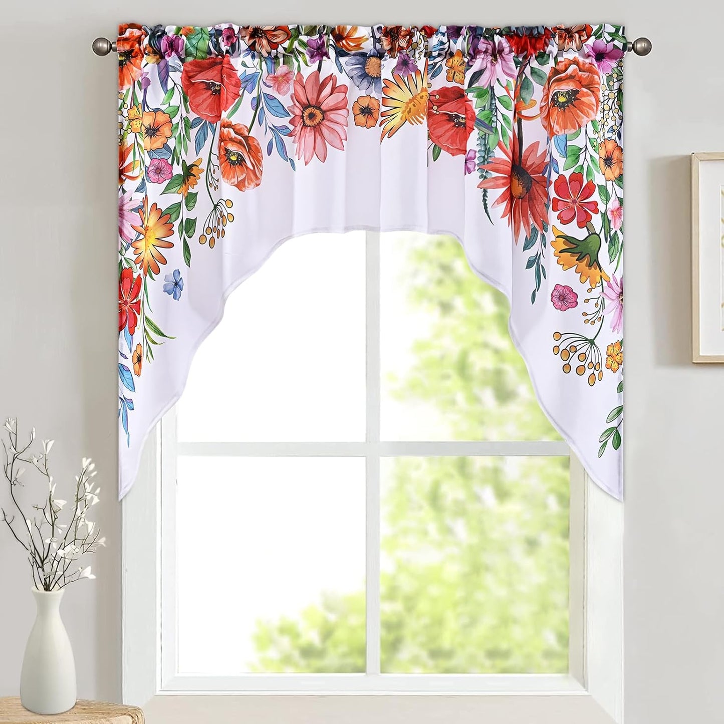 Alishomtll Kitchen Curtains Valances Swags for Windows Blossom Floral Printed Window Drapes,61" W x 36" L,Rod Pocket,White