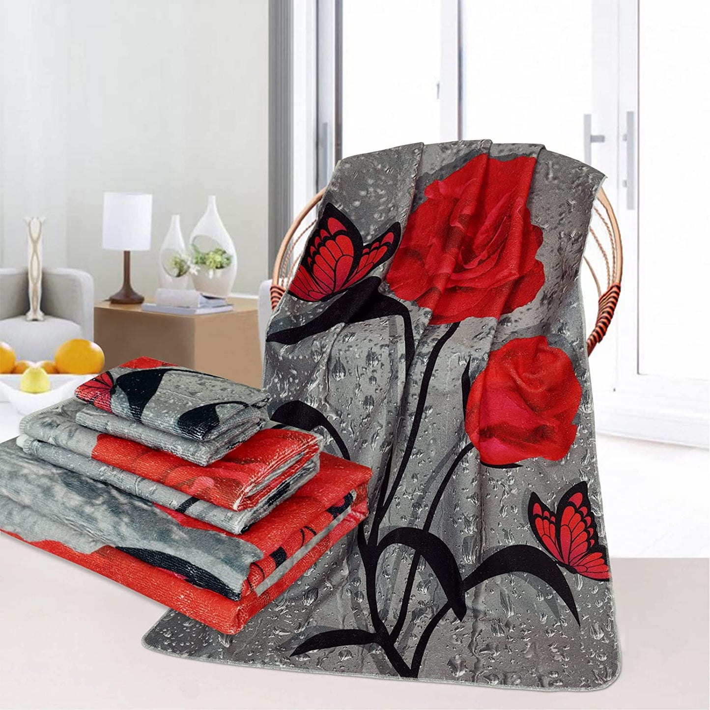 Alishomtll 3D Raindrop Rose Flower Bath Towels Set Include Beach Towel, Hand Towel and Kitchen Dish Towels, Elegant Bathroom Decor, Red