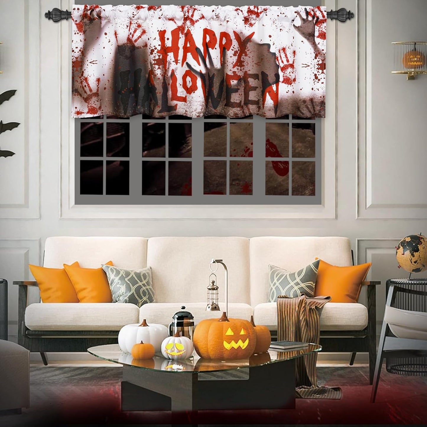 Alishomtll Halloween Valances Curtains Kitchen Horror Blood Scary Ghost Shadow Help Me With Bloody Hands Windows Drapes ,52 X 18 Inch,Rod Pocket