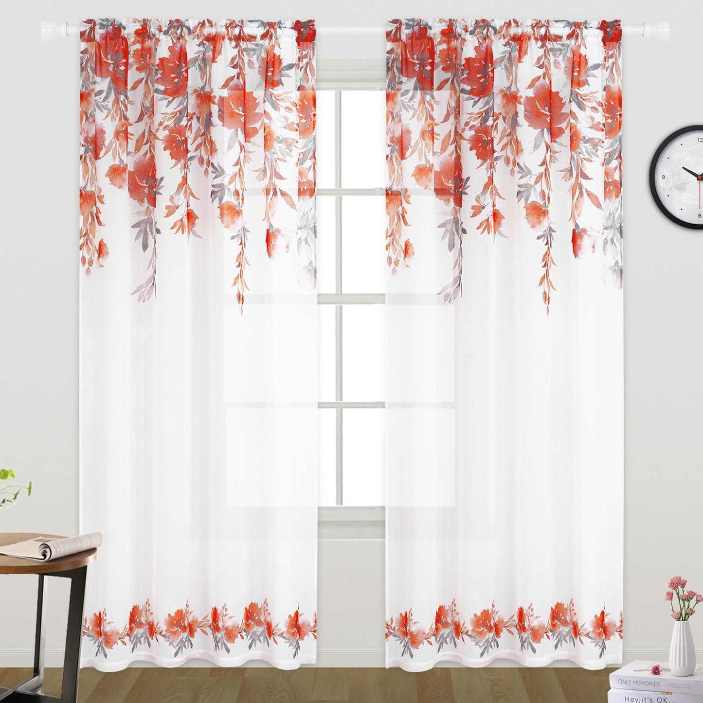 Alishomtll Floral Sheer Curtains 84 Inches Long Rod Pocket Red Flower Semi Sheer Voile Window Treatment For Bedroom Dining Room