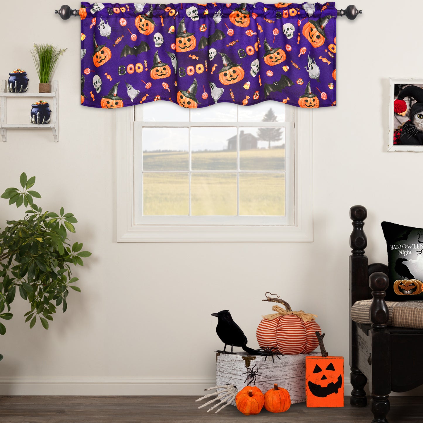 Alishomtll Halloween Valances Curtains Kitchen Pumpkin Ghost Bats Windows Drapes ,52 X 18 Inch,Rod Pocket