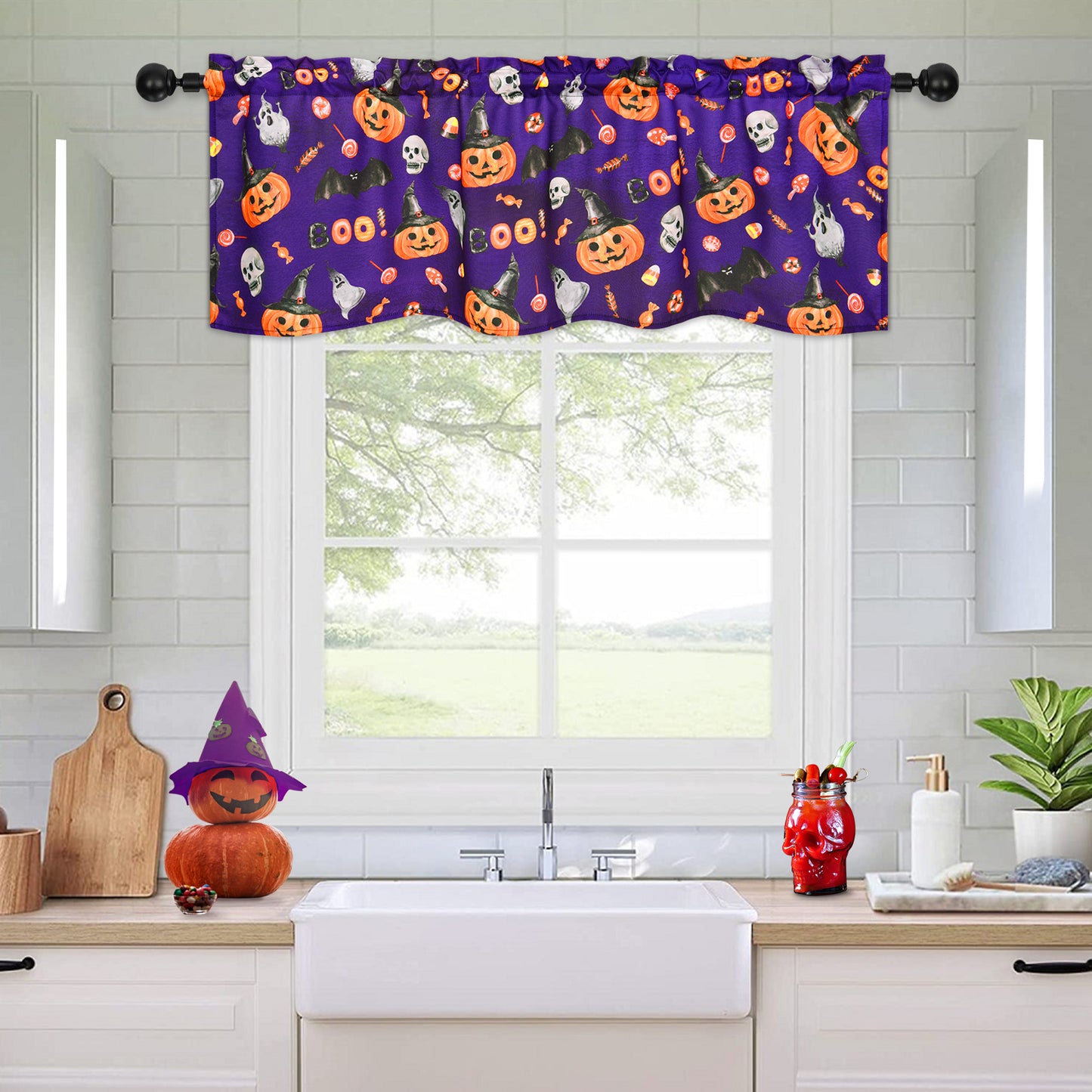 Alishomtll Halloween Valances Curtains Kitchen Pumpkin Ghost Bats Windows Drapes ,52 X 18 Inch,Rod Pocket